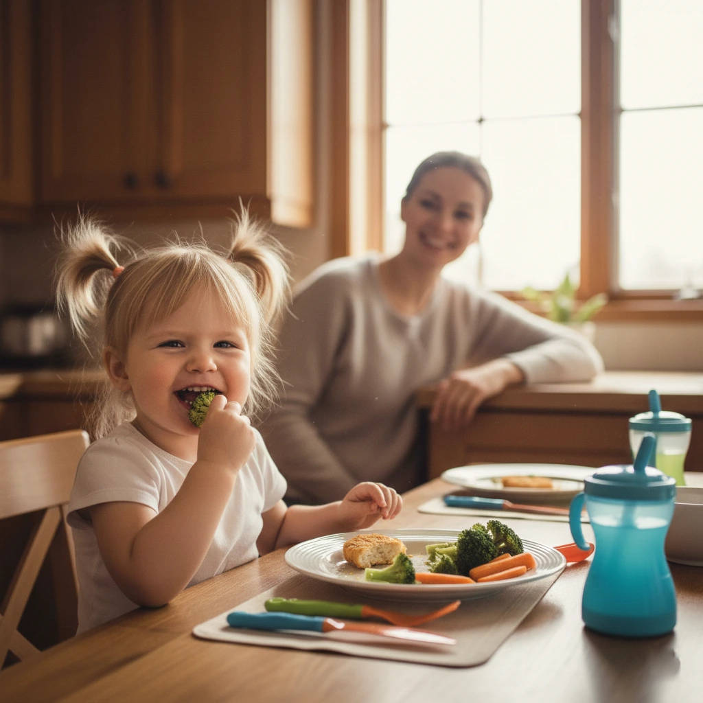 Child happily eating vegetables